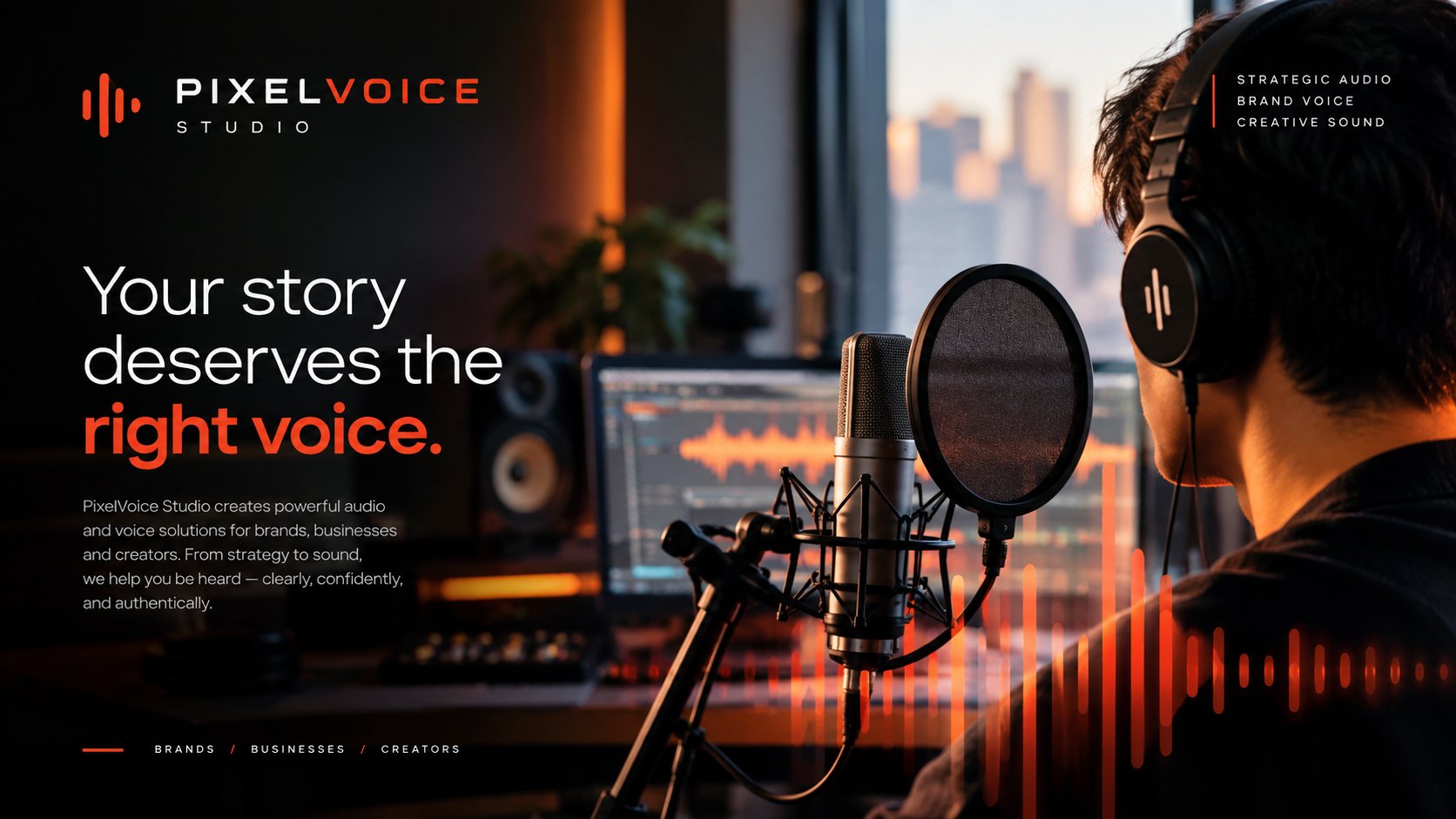 A vocalist recording in the PixelVoice Studio control room